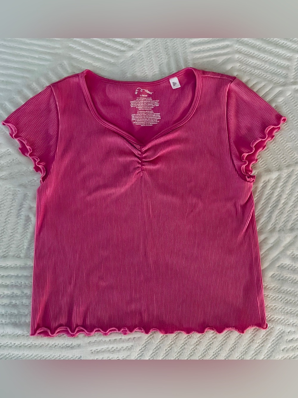 Art Class Girls L 10/12 Pink Ribbed Ruched Lettuce Hem Top Y2K